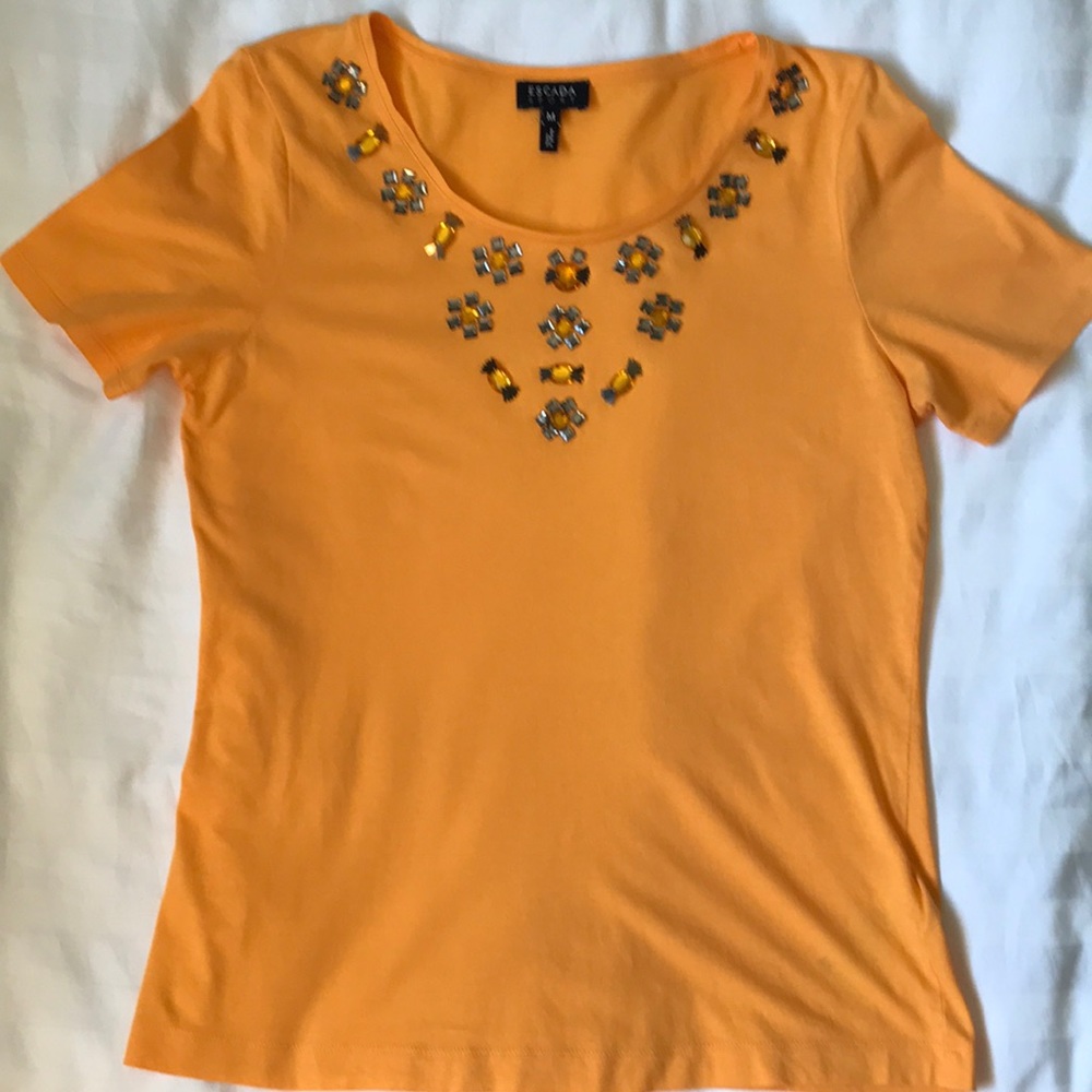 Escada Orange Jeweled Scoop Neck Short Sleeve Tee